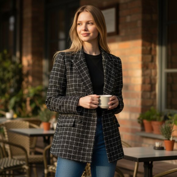 NWOT On 34th Women's Metallic Plaid Tweed Blazer Black SZ-18W - Picture 1 of 12